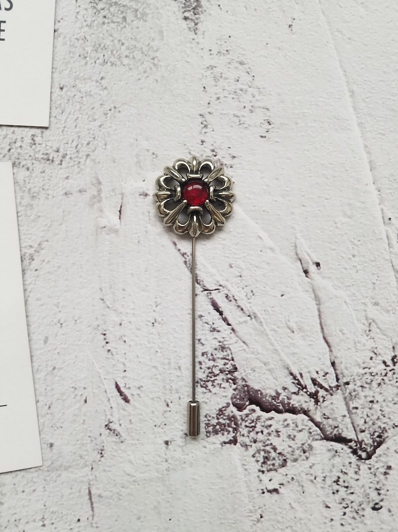 Garnet inlaid Pin Brooch Silver Flower Brooch groom pin pin - Brooches - Sterling Silver Red