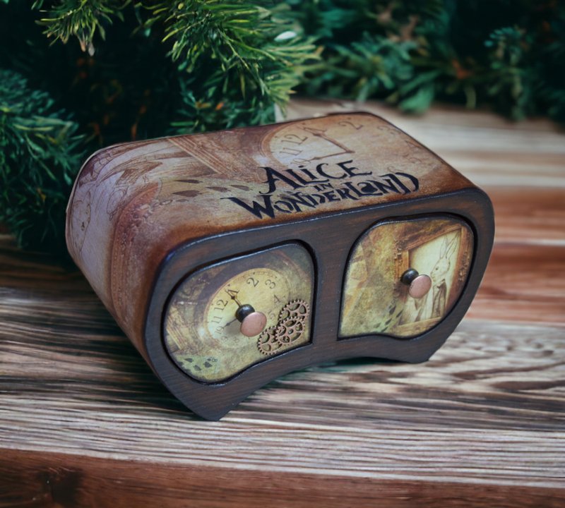 Alice in Wonderland Wooden jewelry box personalized white rabbit - 居家收納/收納盒/儲物盒 - 木頭 咖啡色