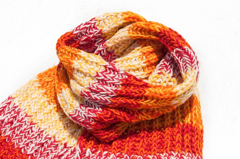 Hand-woven pure wool scarf / knit scarf / crochet striped scarf / handmade knit scarf - striped orange color - ผ้าพันคอถัก - ขนแกะ สีส้ม
