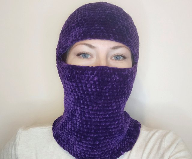 Striped balaclava Ski Mask Hand knit with wool /acrylic blend yarn Rose  purple and blue Ready to ship Handmade -  Italia