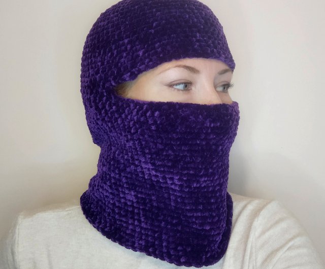 Striped balaclava Ski Mask Hand knit with wool /acrylic blend yarn Rose  purple and blue Ready to ship Handmade -  Italia