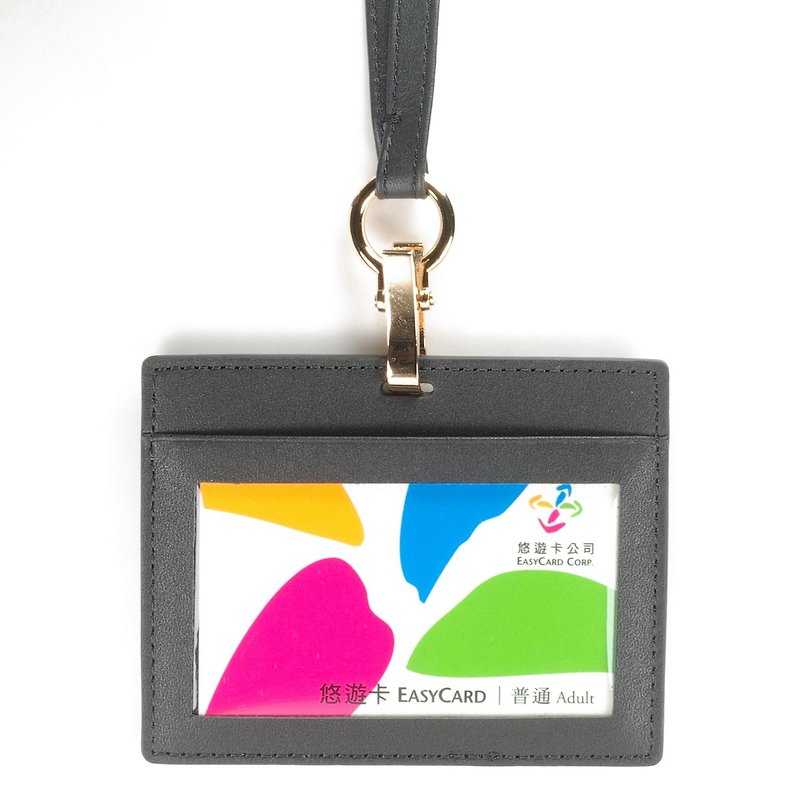 Vegetable tanned horizontal double-layer ID card holder card holder lanyard leather black paid custom lettering - ที่ใส่บัตรคล้องคอ - หนังแท้ สีดำ
