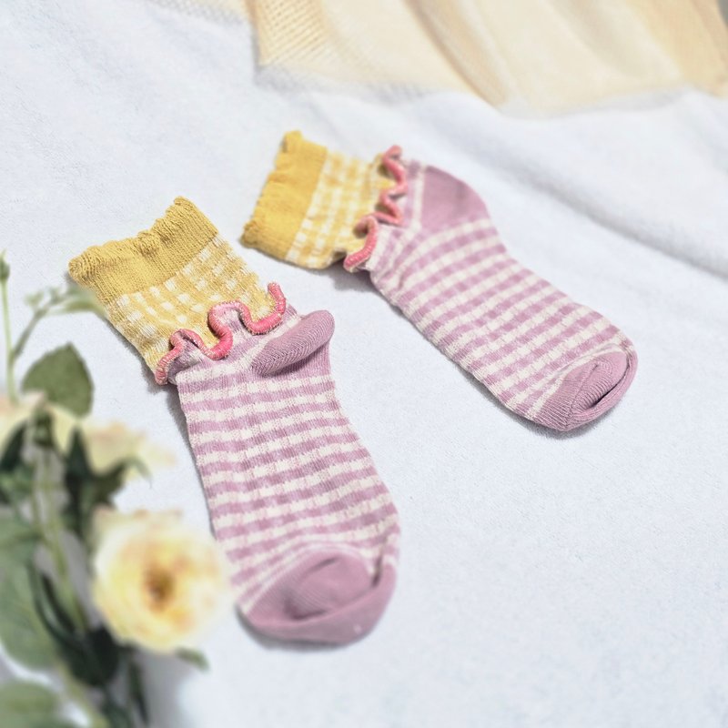 Yellow x Pink Check Colorful Mellow Socks, Flashy Socks, Unique, 15-18cm, Children's Socks - ถุงเท้า - วัสดุอื่นๆ สีเขียว