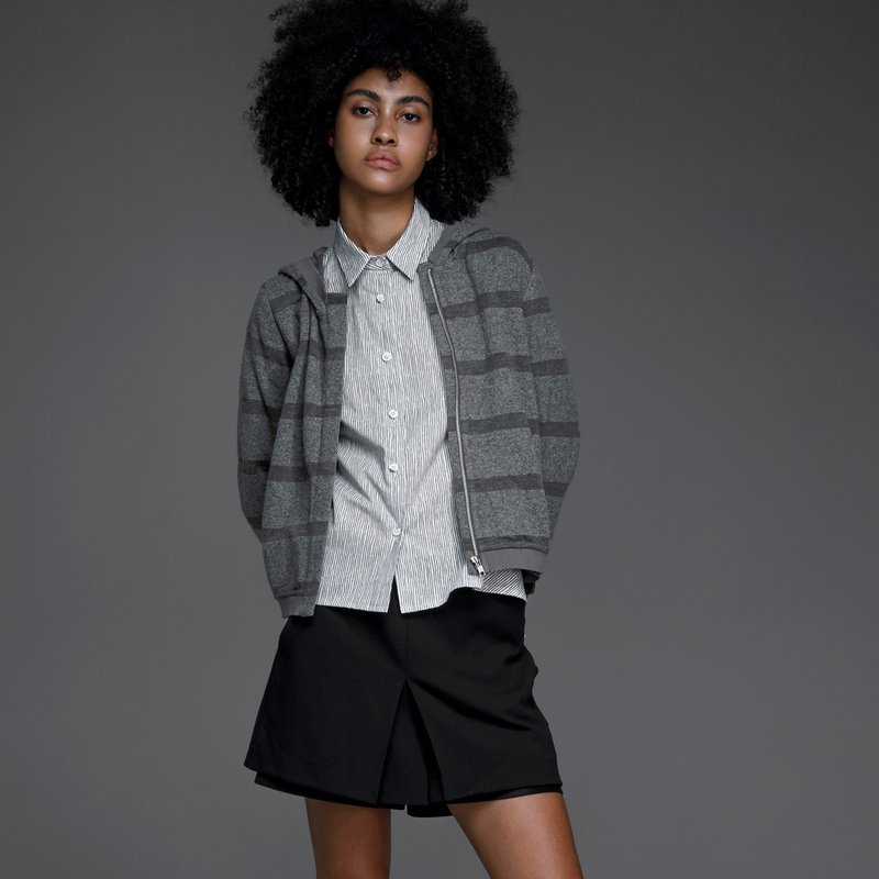 Striped wool hooded short coat - เสื้อแจ็คเก็ต - ขนแกะ สีเทา