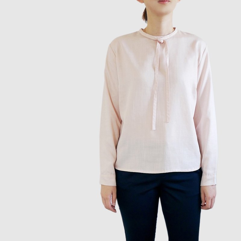 Pink Tencel Cotton Tie-Neck Blouse - เสื้อเชิ้ตผู้หญิง - ผ้าฝ้าย/ผ้าลินิน สึชมพู