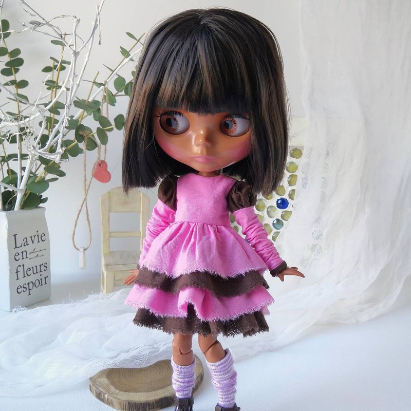 Pink-brown dress for Blythe doll. Clothes for Blythe doll - 玩偶/公仔 - 棉．麻 