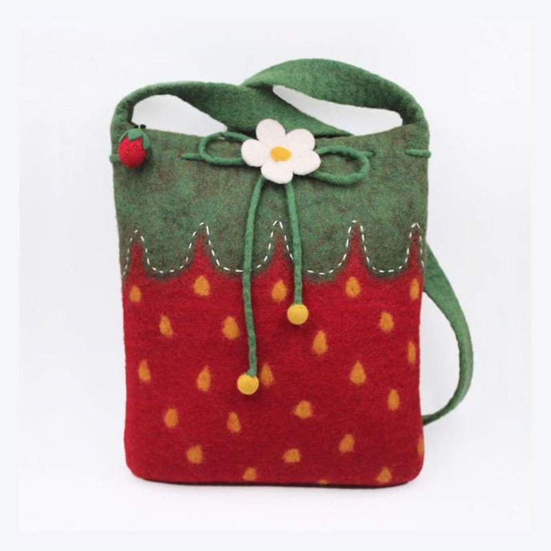 羊毛氈單肩斜挎包 創意手工草莓手袋 甜美可愛 童話森林出品 - 側背包/斜背包 - 羊毛 紅色