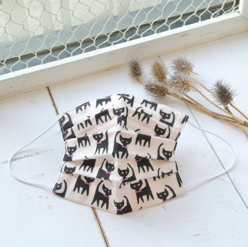 25%OFF | handmade mask Ribbon cats Baby pink | Japanese double gauze warm cotton - マスク - コットン・麻 ピンク