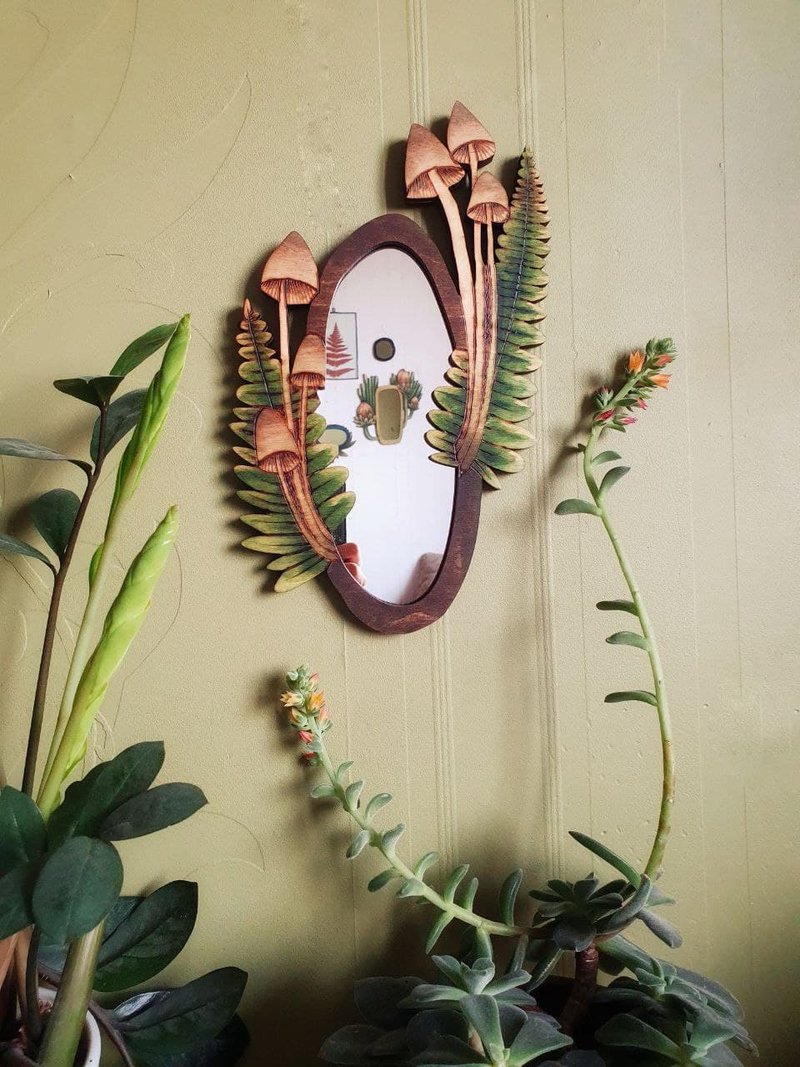 Wall Mirror Mushrooms, wooden mirror, wood burning, boho mirror wall decor - Wall Décor - Wood Green