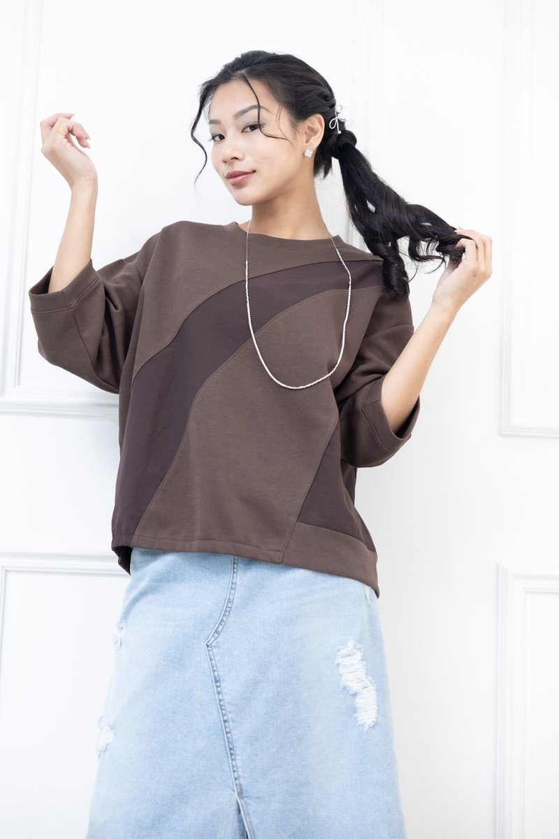 異材質拼接斜紋寬版上衣 咖啡色 - 女上衣/長袖上衣 - 其他材質 咖啡色