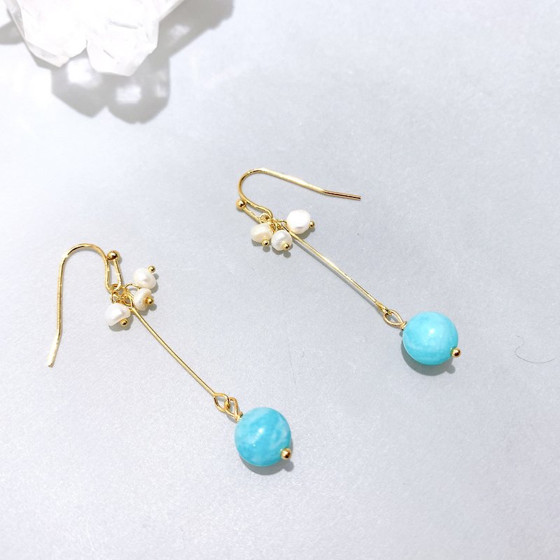 Ops Amazonite earrings- 14k金包金/天河石/珍珠/小清新/耳環 - 耳環/耳夾 - 寶石 藍色