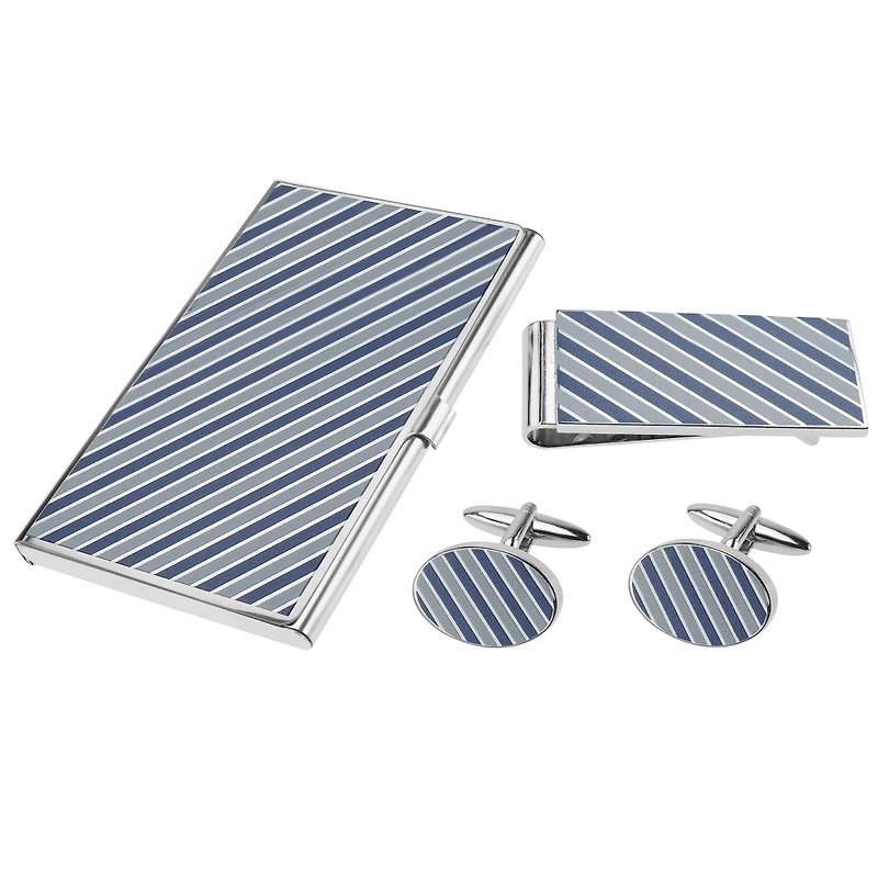 Blue Tonal Diagonal Stripes Cufflinks Money Clip and Card Holder Set - กระดุมข้อมือ - โลหะ สีน้ำเงิน