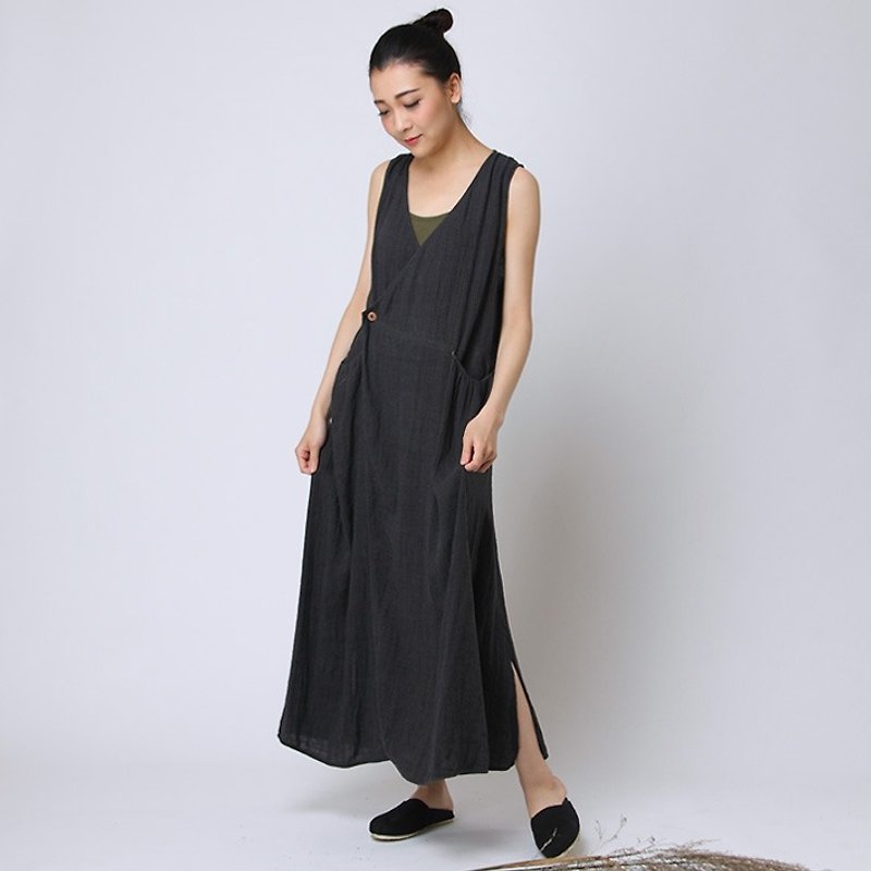 BUFU vintage washed linen long vest/dress   D160310 - チャイナドレス - コットン・麻 グレー