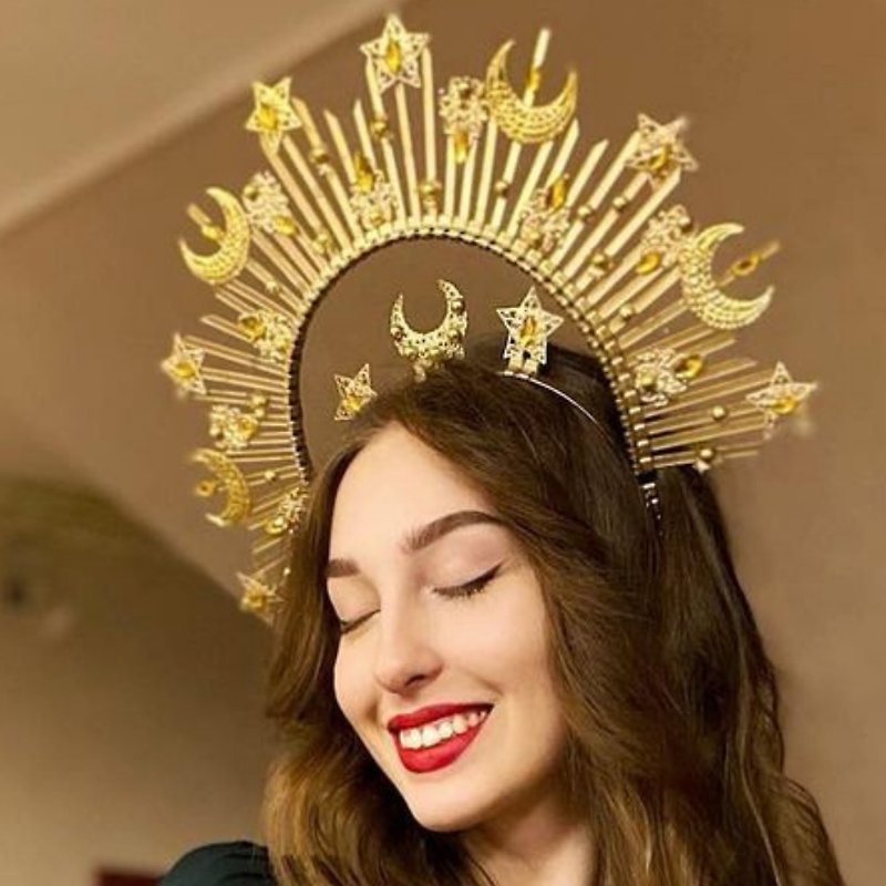 Star moon halo crown Gold Sun goddess headpiece Celestial wedding bridal tiara - Hair Accessories - Other Materials Gold