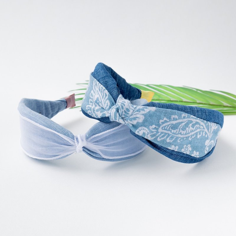 denim layered bandana hairband handmade headband - ที่คาดผม - ผ้าฝ้าย/ผ้าลินิน สีน้ำเงิน