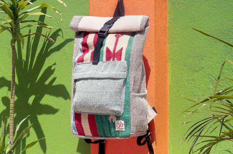 Handmade cotton and linen stitching design backpack / shoulder bag / ethnic mountaineering bag / patchwork bag - carpet ethnic totem - Backpacks - Cotton & Hemp Multicolor