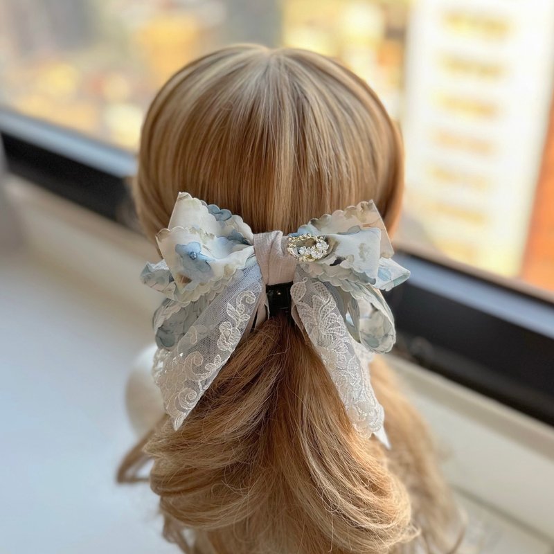 Exclusive lace bow intersecting clip banana clip fairy clip hair clip - ink blue - Hair Accessories - Other Materials Blue