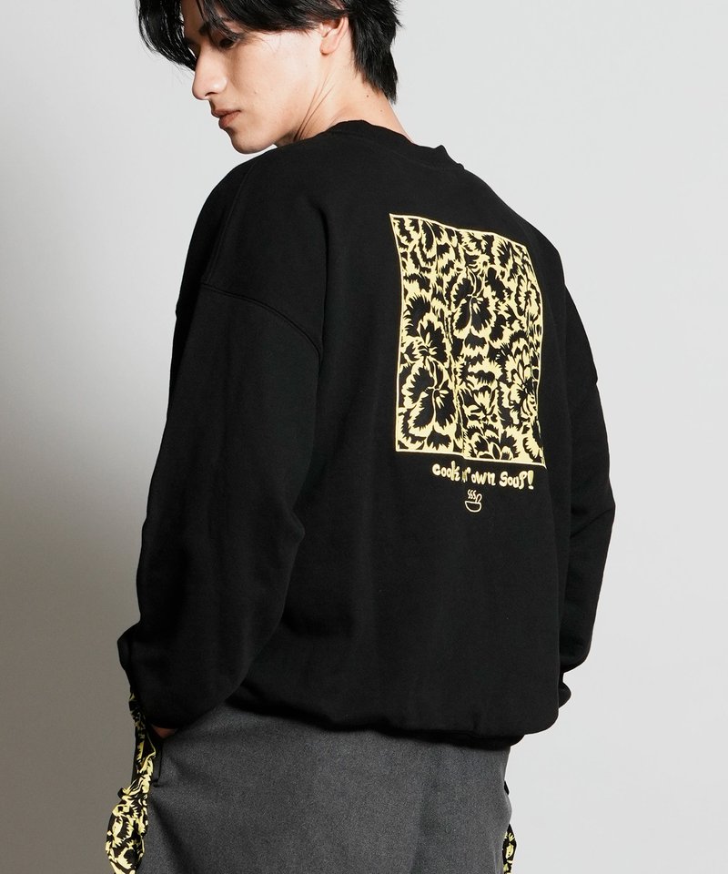 Cook your own soupパッチ刺繍裏毛プルオーバー(BLACK×CREAM DREAM) - 帽T/大學T - 棉．麻 黑色