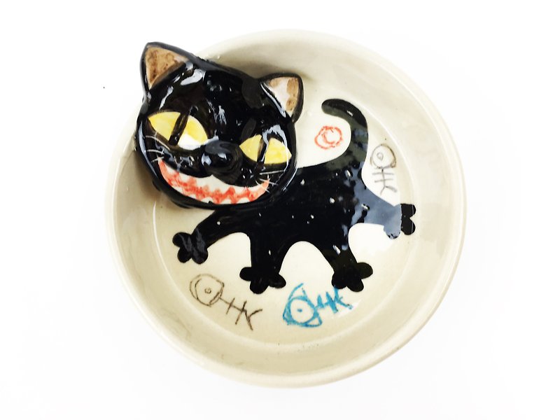 ニースリトルクレイマニュアルステレオDisc_Smile黒い猫0308から07 - 小皿 - 陶器 ホワイト
