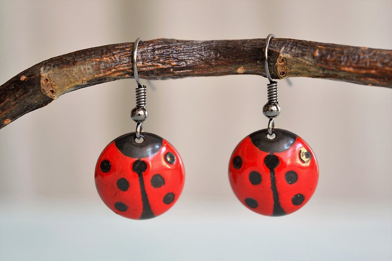 Ladybird Earrings, Lady Bug, Enamel, Jewelry, Earrings, Dotted Earrings, - ต่างหู - วัตถุเคลือบ สีแดง