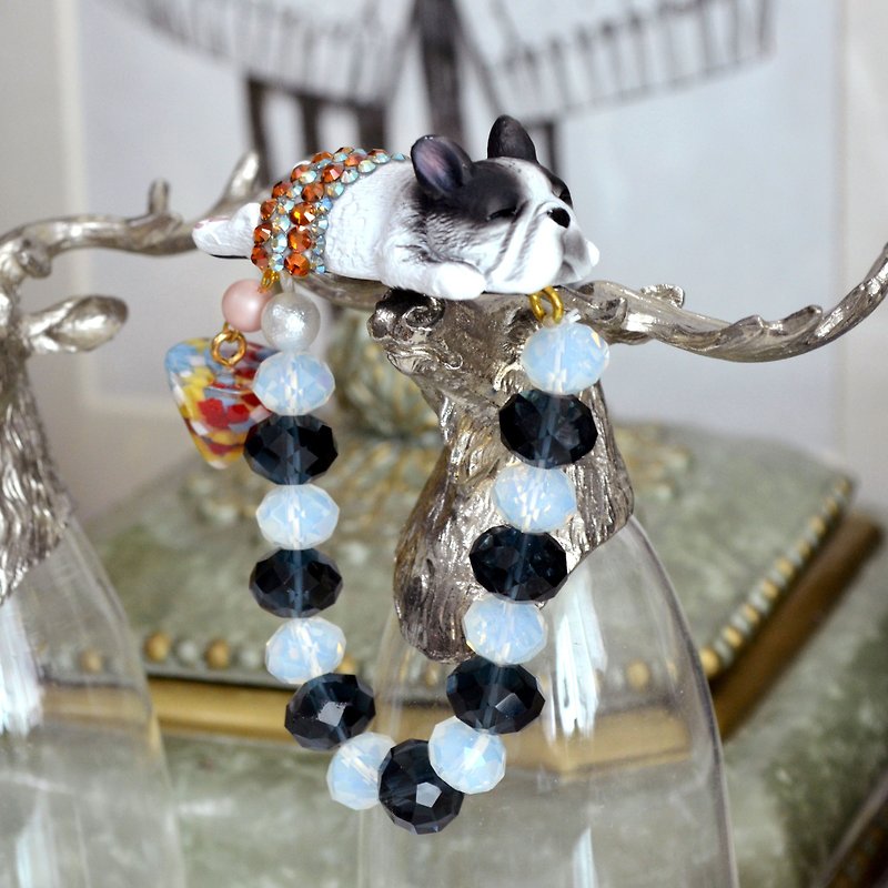 Black and white French bull terrier with Swarovski crystal opal beaded elastic bracelet - Bracelets - Gemstone Black