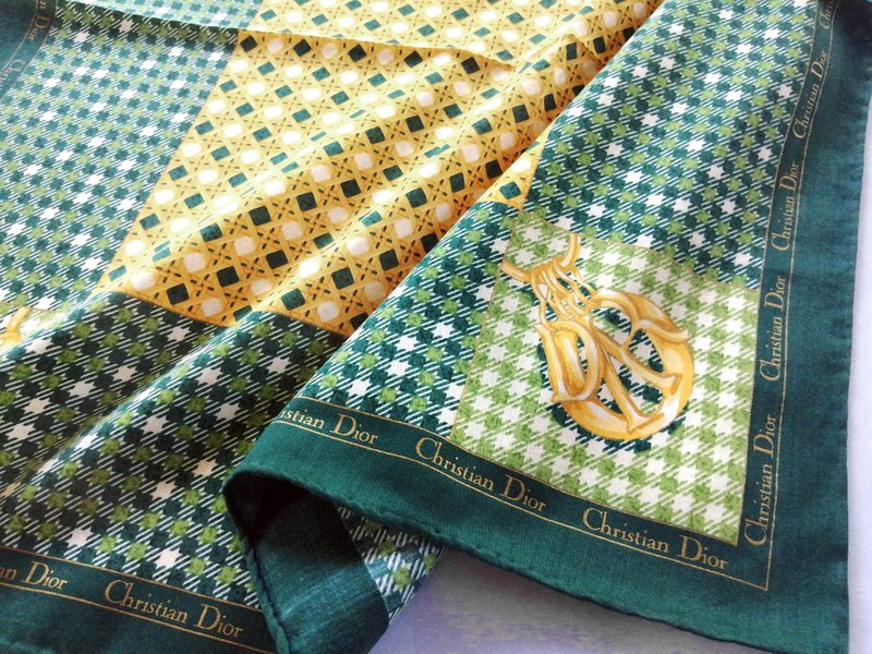Vintage Christian Dior Handkerchief Classic Geometric Scarf 21 x 21 inches - 手帕 - 棉．麻 綠色