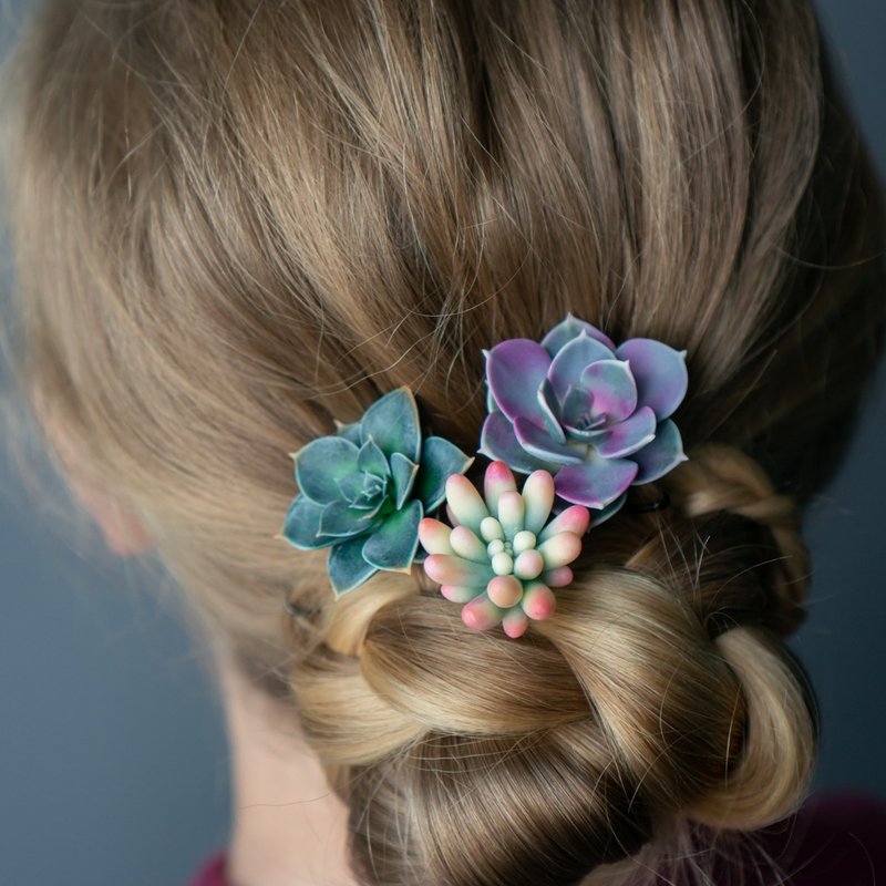 Hairpin set with Echeveria Perle von Nurnberg - 髮圈/髮夾 - 其他材質 
