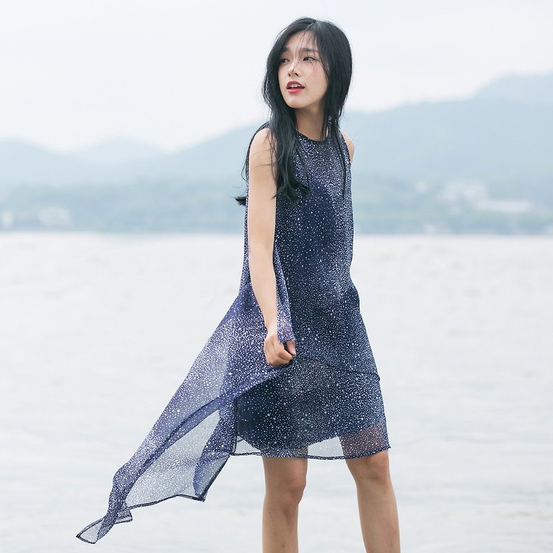 Annie Chen original design Galaxy 2016 summer new Slim fashion sexy female models art Fan Dress - กระโปรง - วัสดุอื่นๆ สีน้ำเงิน