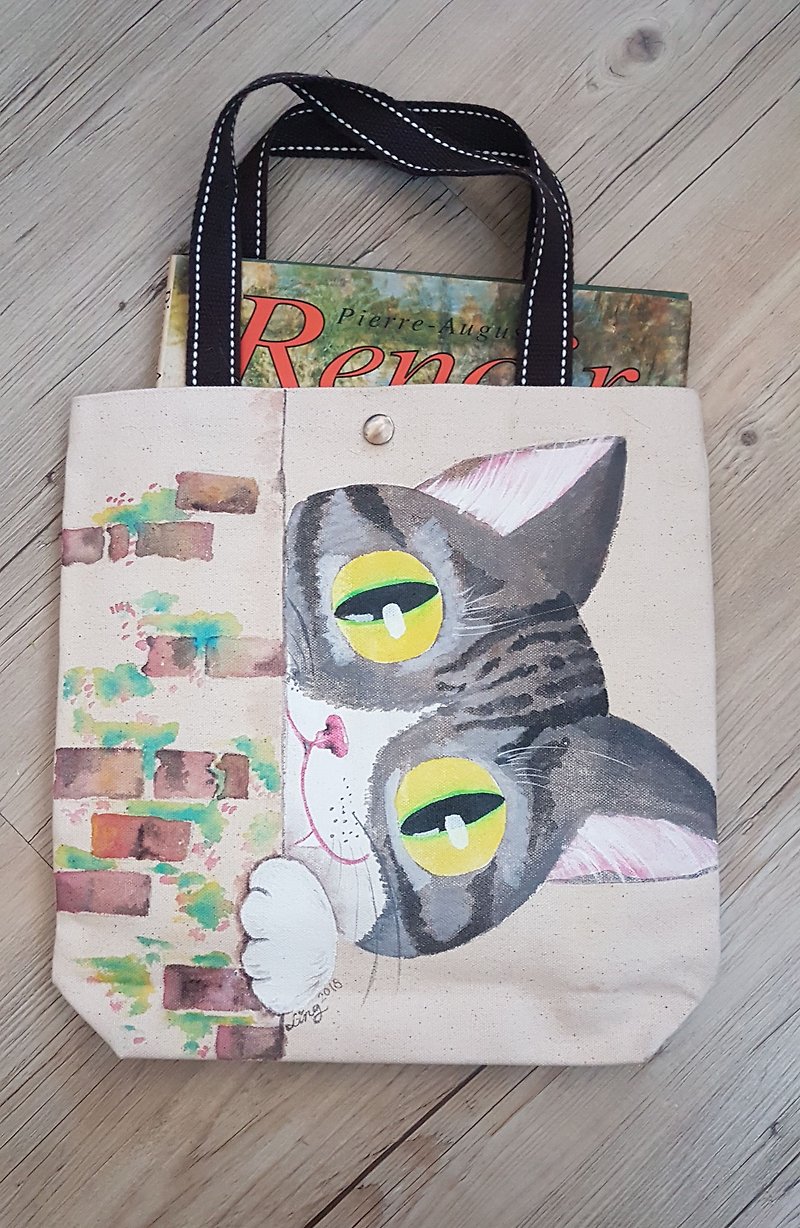 Cotton & Hemp Handbags & Totes Multicolor - Hand-painted tabby peeping cat/butt egg tote bag