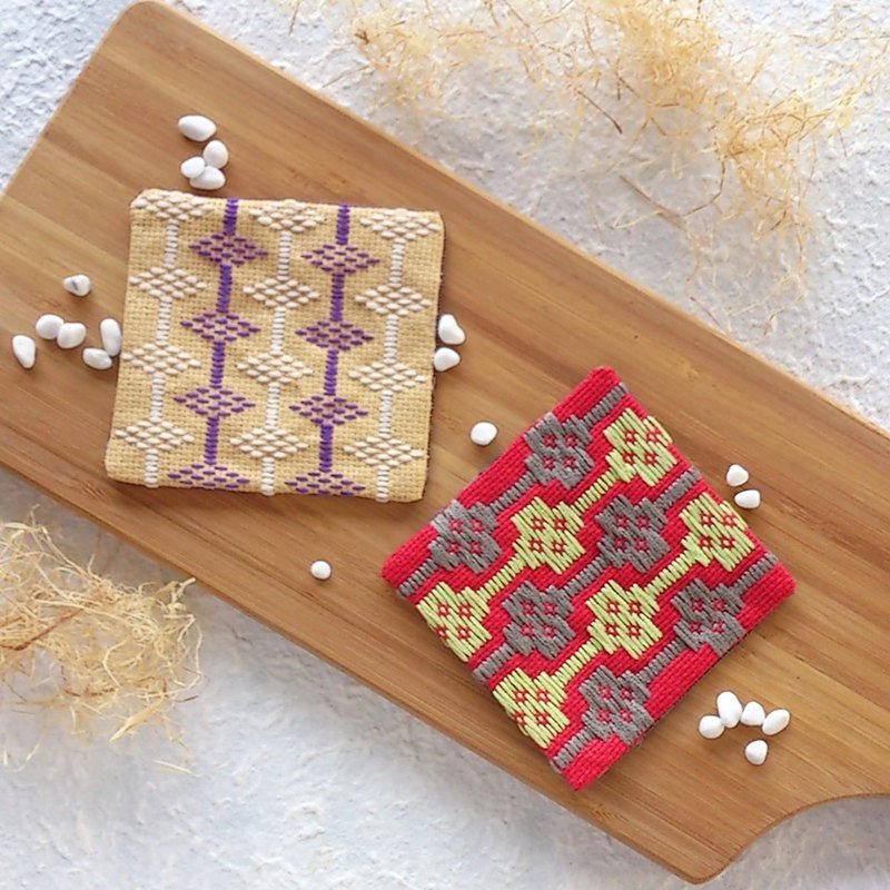 【In Stock】Kogin Embroidery Coaster (Japanese style) Set of 2 - Coasters - Thread Multicolor
