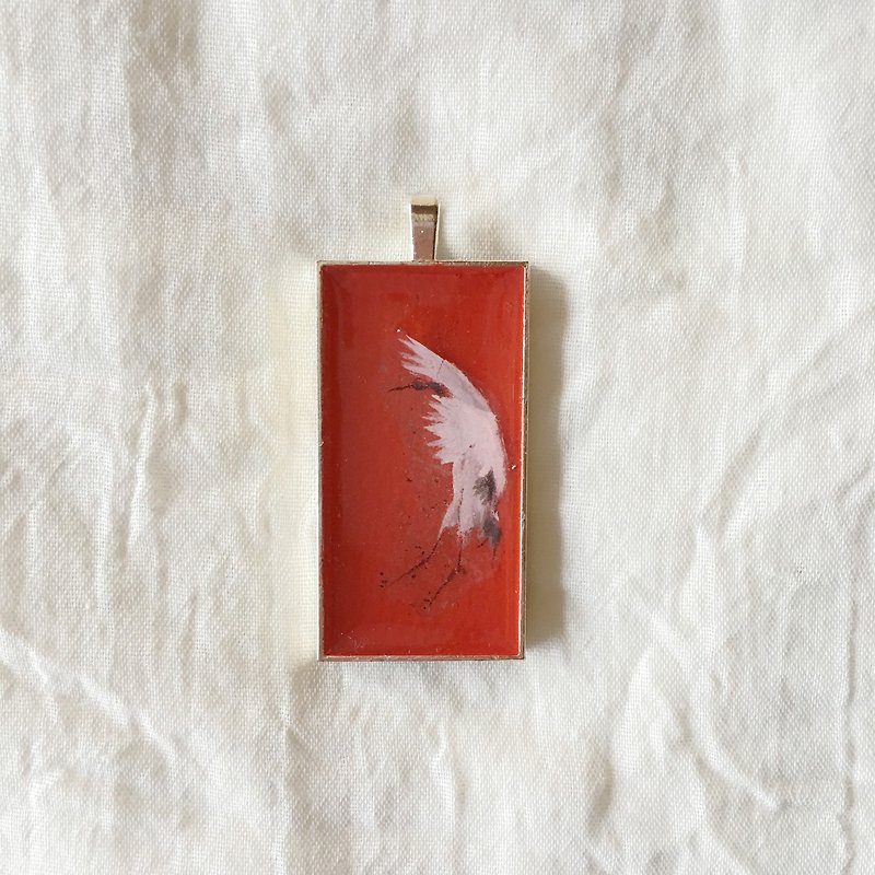 Red and white crane _ _ _ silver pendant alloy base _ _ original paintings mini artwork gift - Necklaces - Other Metals Red