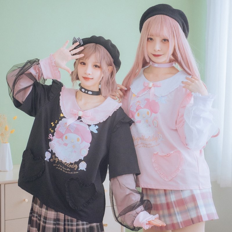 Original Sanrio SANRIO authorized Melody bow tie love pocket faux two piece gauze long-sleeved T-shirt JJ5037 - เสื้อยืดผู้หญิง - ผ้าฝ้าย/ผ้าลินิน 