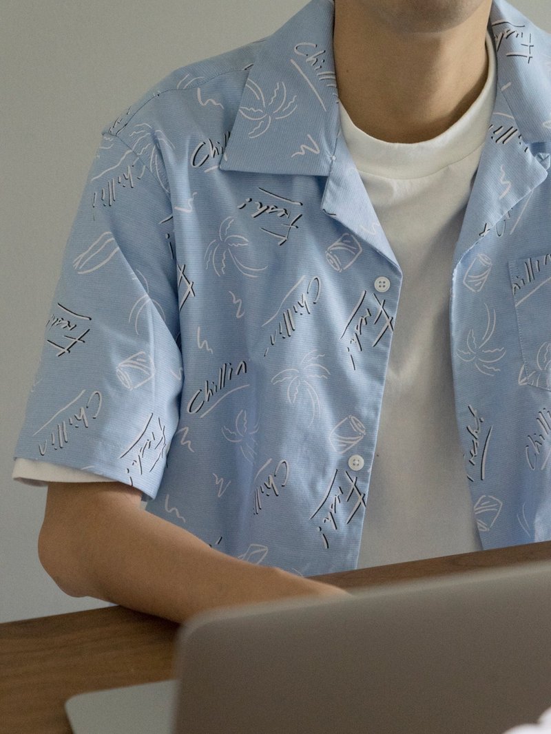 Aloha 美式復古夏威夷沙灘短袖花襯衫 Hawaiian shirts - 男襯衫/休閒襯衫 - 棉．麻 藍色