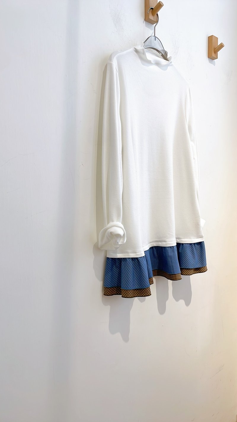 拼格仔布打底 - 連身裙 - 其他材質 白色