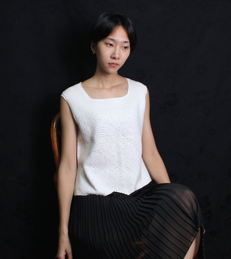 FOAK vintage / white / square collar hollow crochet white vest - Women's Vests - Other Materials 