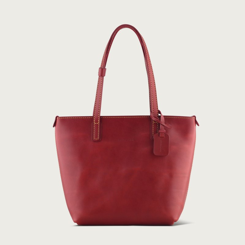 Zip Tote Bag Tote / Shoulder Bag / Handbag -- Burgundy - กระเป๋าแมสเซนเจอร์ - หนังแท้ สีแดง