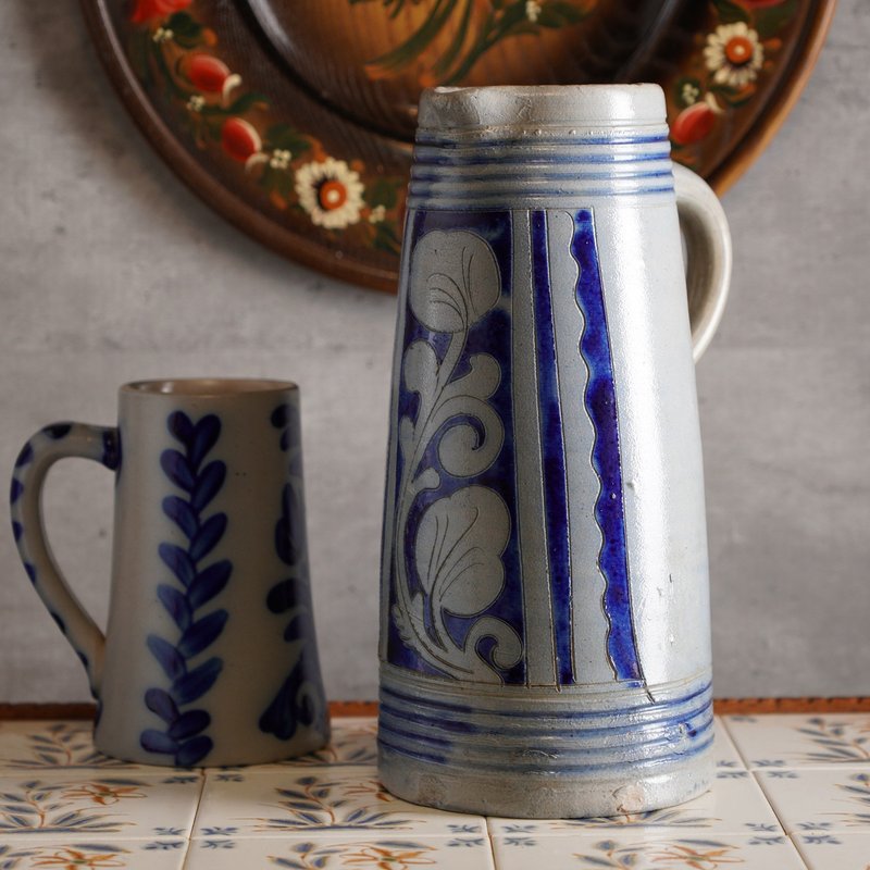 德國Westerwald風格手工鹽釉陶壺/水罐 - 其他 - 陶 藍色