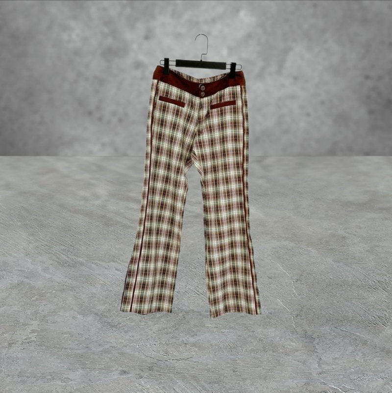 Kami green color matching plaid light stitching suede low waist 31 trousers PF426 - Women's Pants - Polyester Brown