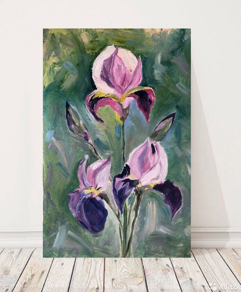 Irises flowers modern wall art 8x11 inches Original oil painting - 壁貼/牆壁裝飾 - 棉．麻 綠色