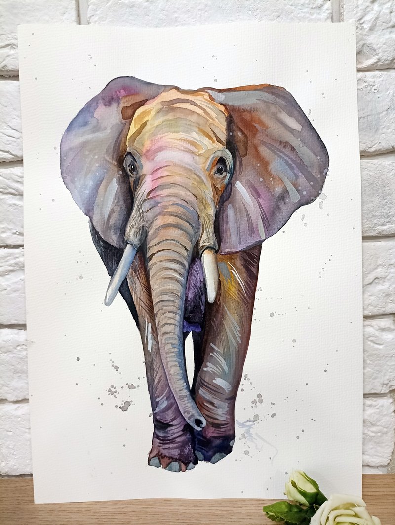 Watercolor original elephant room decor animal painting art by Anne Gorywine - 壁貼/牆壁裝飾 - 紙 銀色