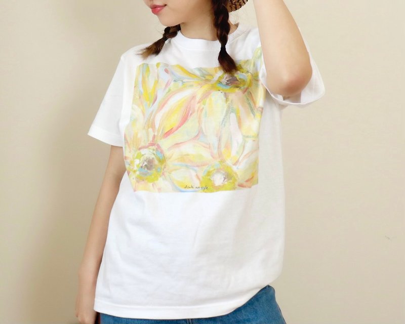 アートを着るTシャツ ひまわり - 女 T 恤 - 棉．麻 白色