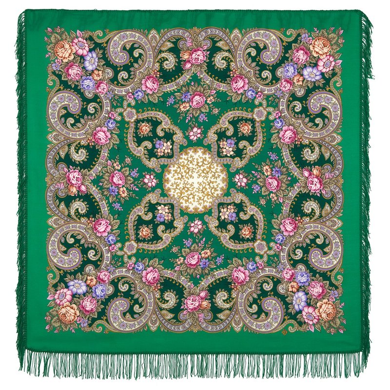 Pavlovo Posad Russian Shawl 100% Wool Scarf 125x125 cm Woolen Fringe 1778-9 - 絲巾 - 羊毛 綠色