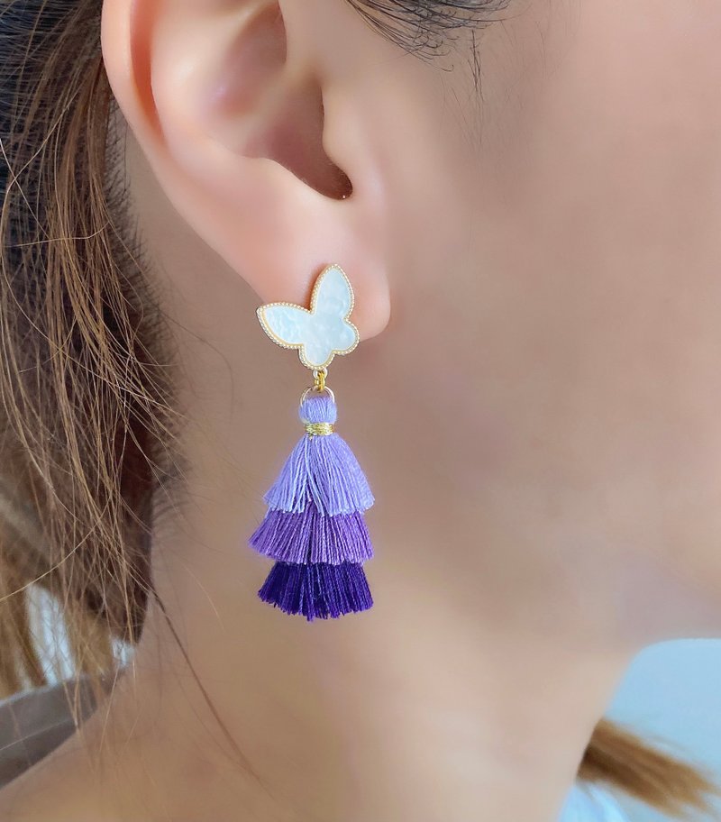 RURI | Natural mother-of-pearl butterfly lavender three-color tassel earrings and Clip-On - Earrings & Clip-ons - Pearl Purple