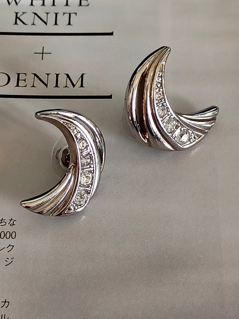 vintage jewelry  典雅銀色新月萊茵 針式耳環 - 耳環/耳夾/耳骨夾 - 其他金屬 