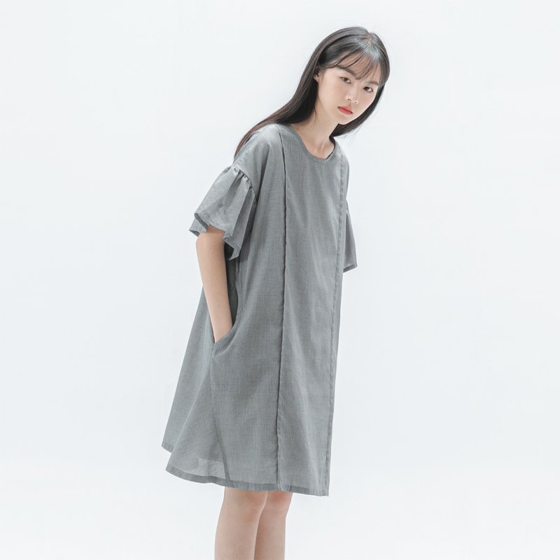 Elegant_綺麗褶片造型洋裝_20SF101_千鳥格 - 洋裝/連身裙 - 棉．麻 黑色