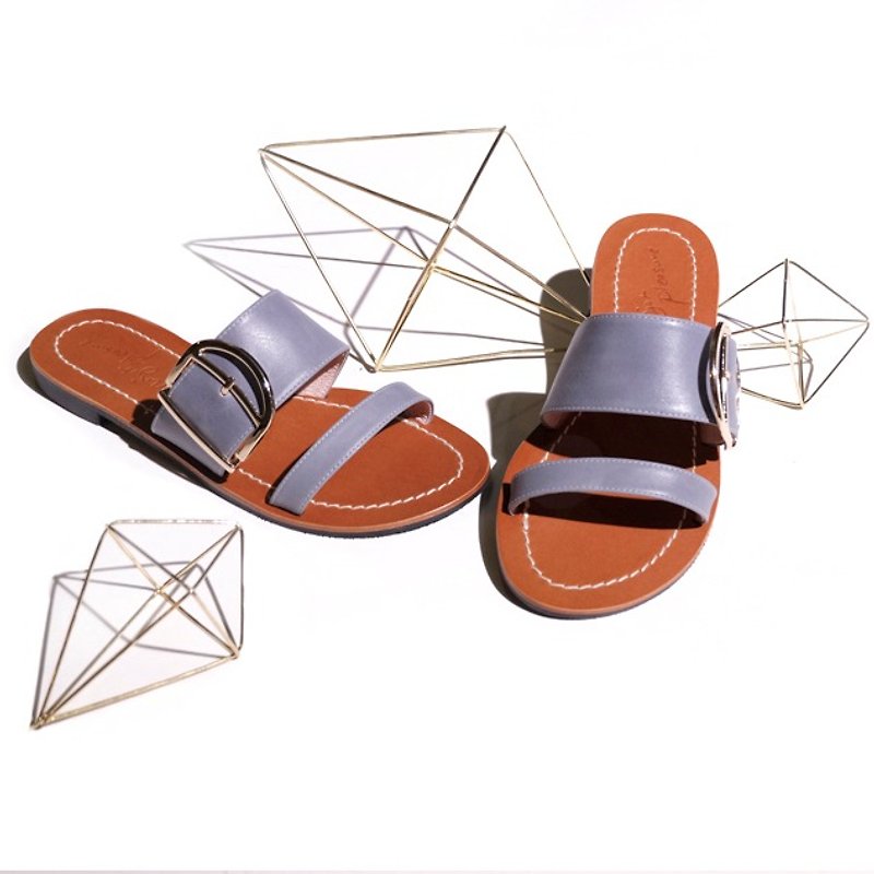 Honey Wax luster! Yuechuan Yue Liang vegetable tanned leather blue-gray full leather sandals and slippers - Sandals - Genuine Leather Blue