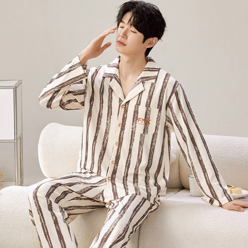 Pink Lady men's painting straight stripe long-sleeved pajamas cotton autumn and winter two-piece home wear - ชุดนอน/ชุดอยู่บ้าน - ไฟเบอร์อื่นๆ สีนำ้ตาล