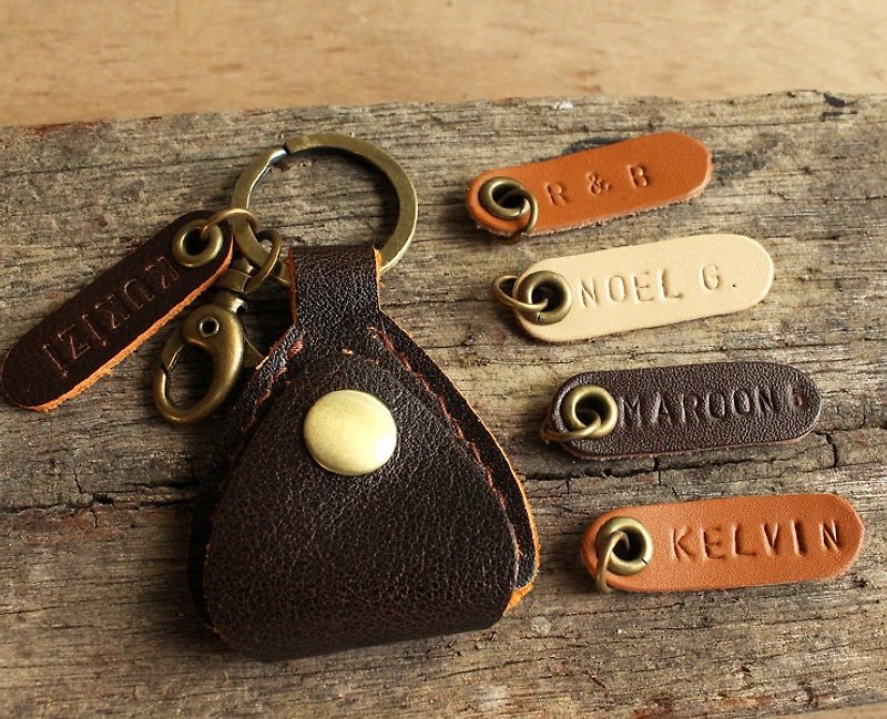 Handmade Leather Guitar / Bass Pick Case - Brown with Orange Glimpse / Key Ring - Keychains - Genuine Leather 