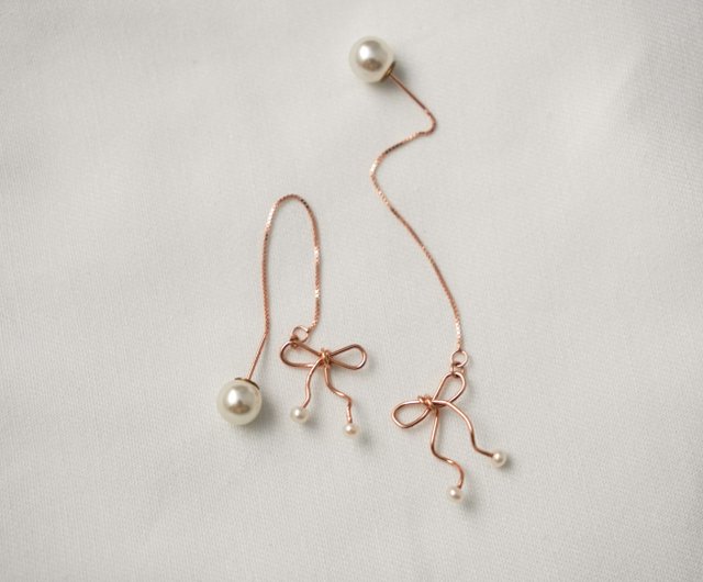 SV925 Rose Gold RIBBON 2 Way Pearl & Ribbon Threader Earrings