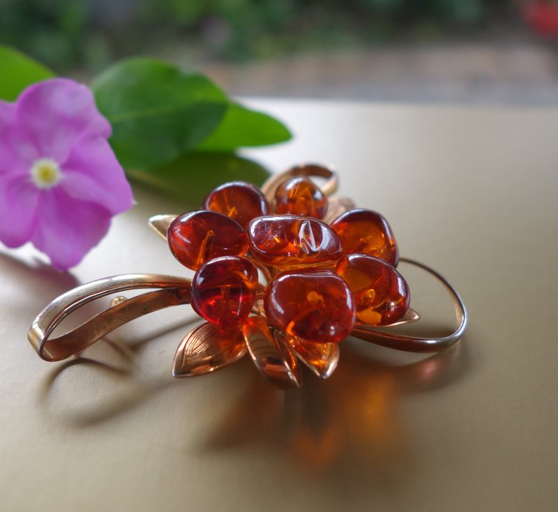 琥珀 Amber 蜜蠟 緬甸金珀 波羅的海 金珀胸針11.4克 - 胸針 - 半寶石 紅色
